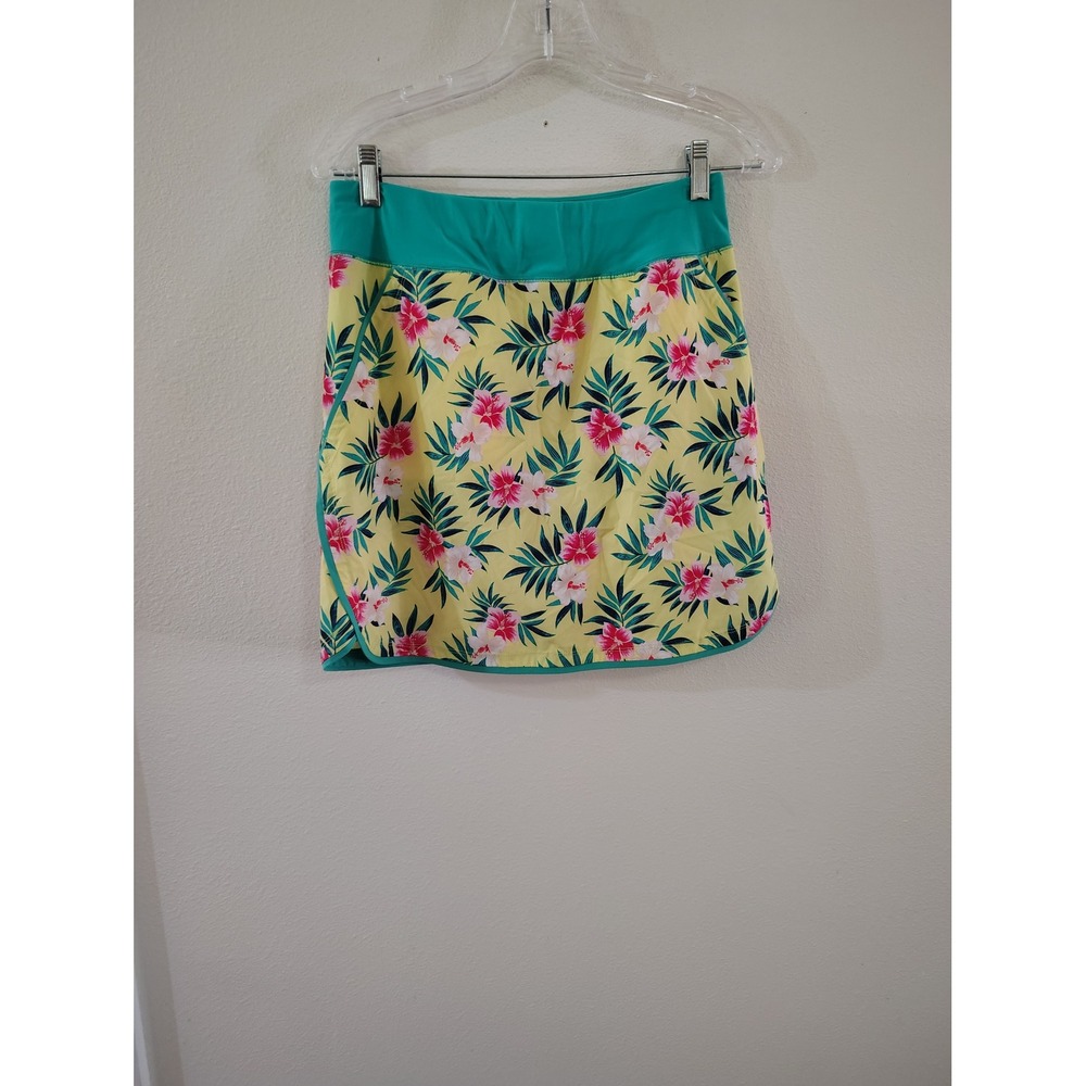 Lands End Womens Yellow Floral Hibiscus Active Skort Teal Trim Size 4